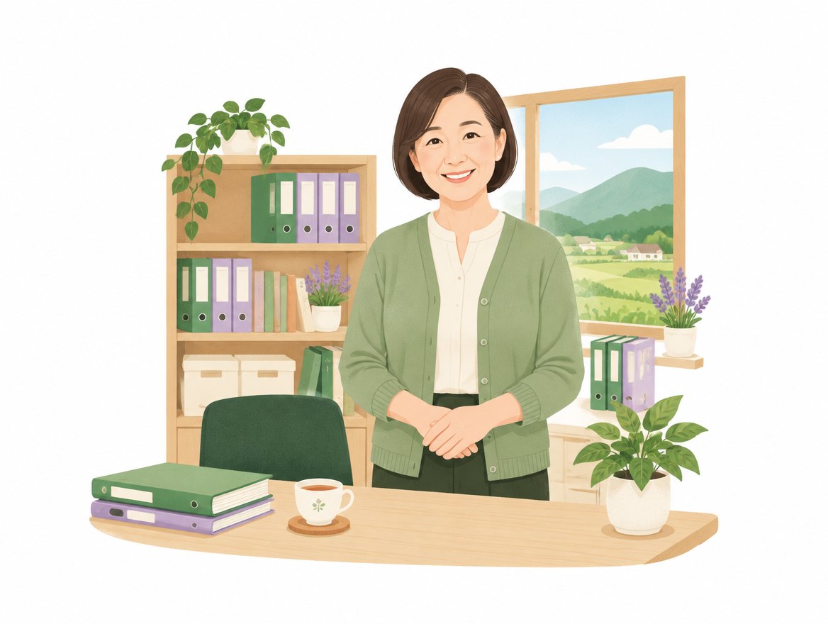센터장이 밝은 사무실 책상 옆에서 웃으며 손님을 맞이하는 그림