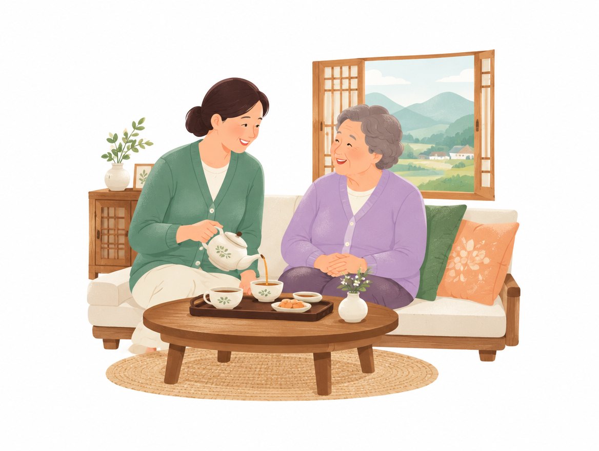 요양보호사가 거실에서 어르신께 차를 따라 드리며 함께 웃는 그림